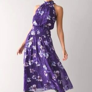 WHITE‎ HOUSE BLACK MARKET Size 4 Purple Iris Floral Smocked Halter Midi Dress